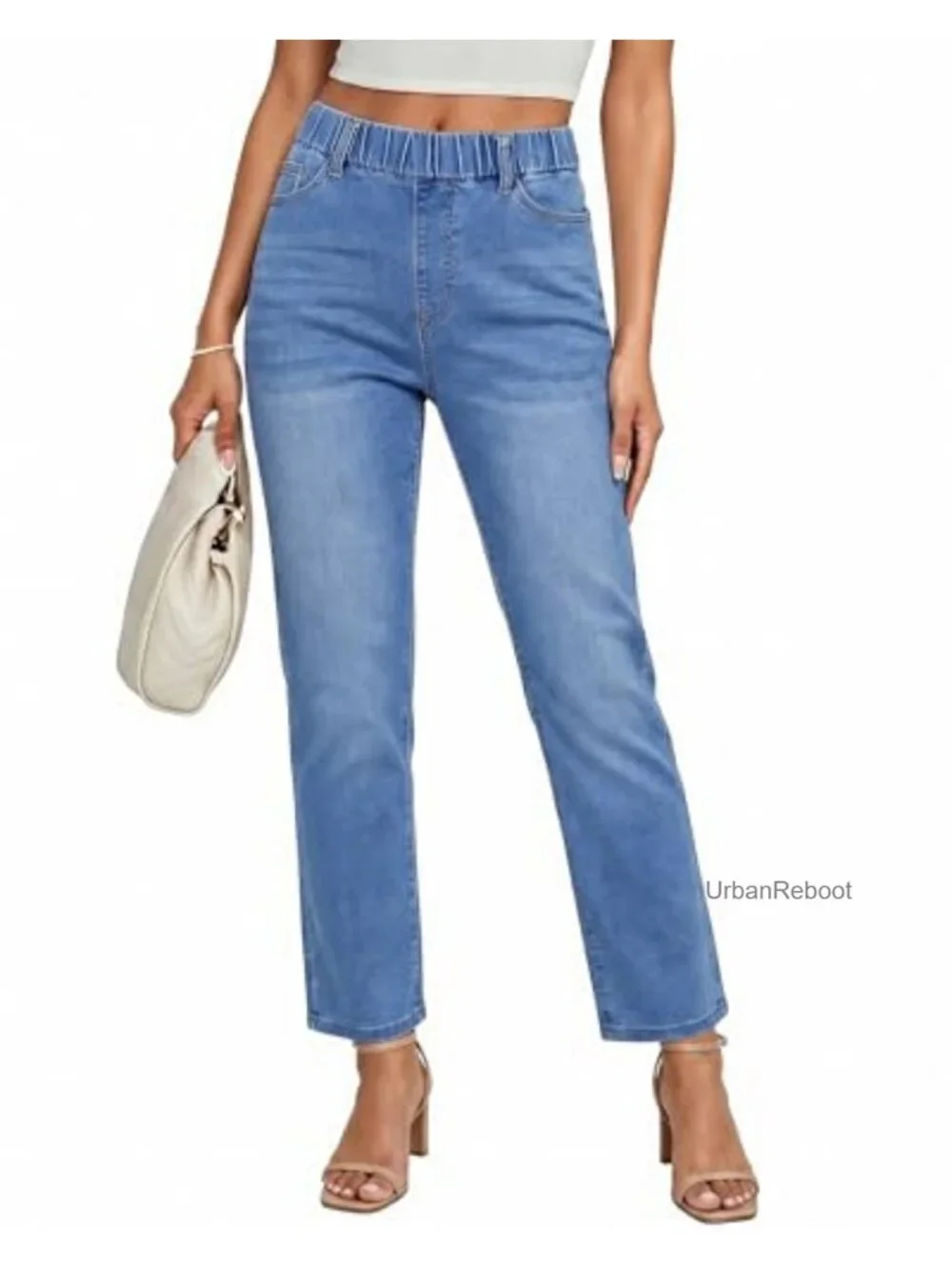 Straight Leg Pull On High Waisted Cropped Ankle Jeans Stretchy Elastic Waist